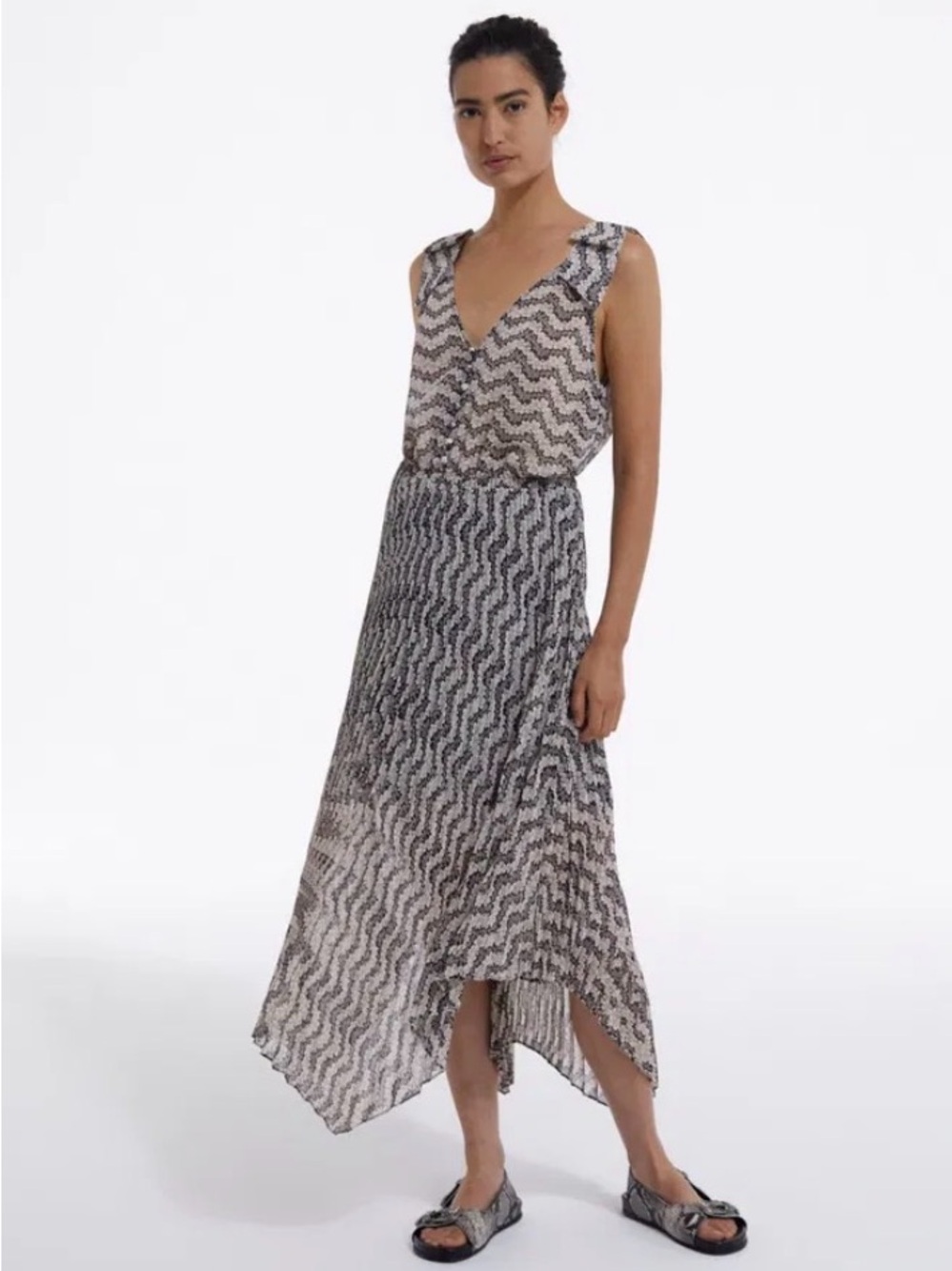 The Kooples Sleeveless V-Neck Maxi Dress in Black and White with pleated skirt